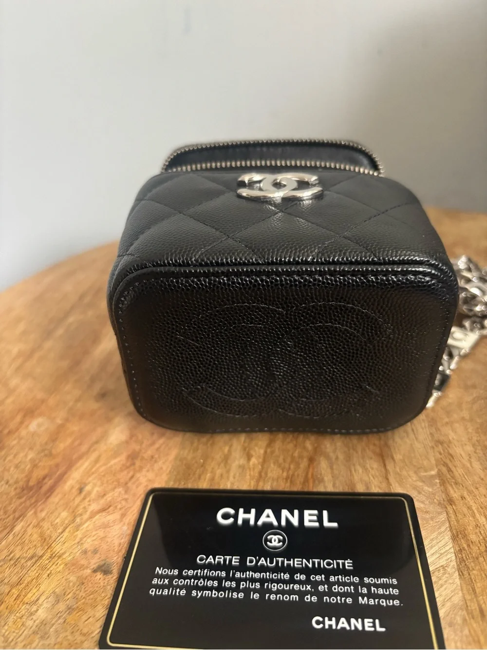 CHANEL Black Quilted Vanity Mini Crossbody with Silver CC